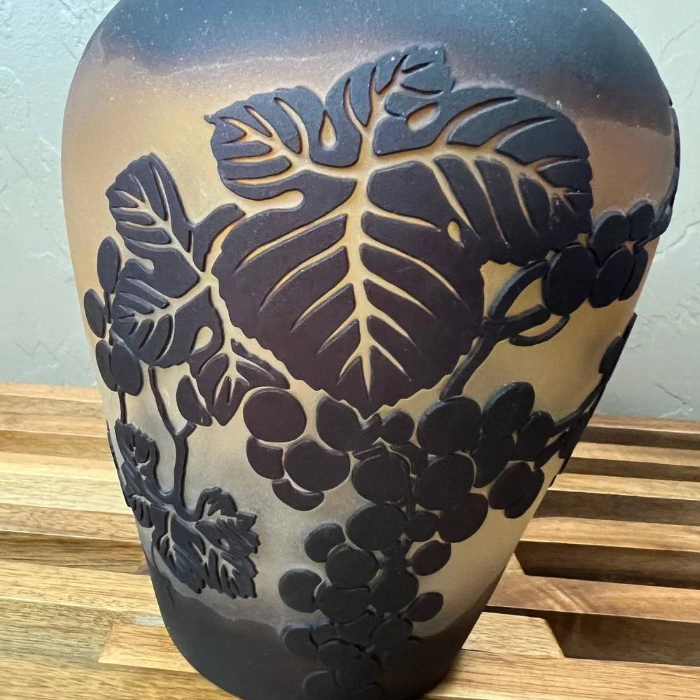 Frosted Amber Art Nouveau Glass Vase Grapevine Cameo Relief Black Ombre Finish
